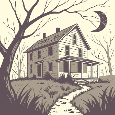 Abandoned Countryside Farmhouse Vintage Creepy Halloween Photo. Scary Backdrop. Spooky Wallpaper.. AI generated. Vector iconのイラスト素材
