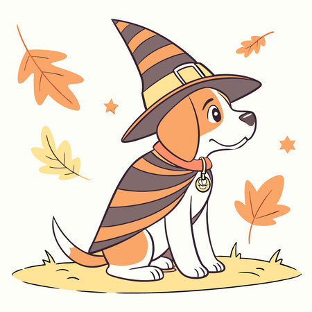 Adorable beagle dog dressed in orange and black striped witch hat and cape. sitting on leaf-covered. AI generated. Vector iconのイラスト素材