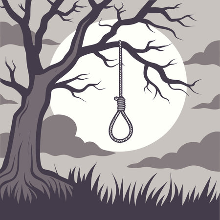 Eerie night scene featuring a noose on a gnarled tree. perfect for halloween horror poster design. AI generated. Vector iconのイラスト素材