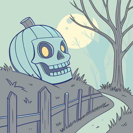 A playful yet eerie sight of a bright blue skull in a shape of a Halloween pumpkin sitting atop a. AI generated. Vector iconのイラスト素材