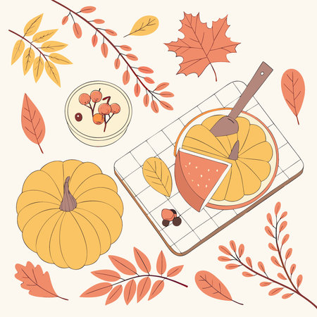 Autumn themed table setting with pumpkins leaves and berries Copy space background with copyspace. AI generated. Vector iconのイラスト素材