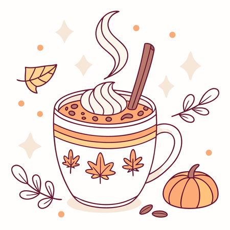 Halloween beverage. pumpkin latte. tea coffee. hot chocolate. hot beverage. porcelain cup. fall.. AI generated. Vector iconのイラスト素材