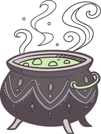 Black cauldron with bubbling green potion and mystical steam isolated on a transparent background.. AI generated. Vector iconのイラスト素材