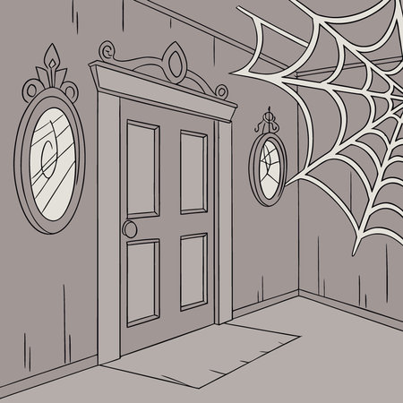 Macabre Horror Photoshoot. Eerie & Haunting Room Set. Dusty Cobwebs. Old-Fashioned Mirrors. Creepy. AI generated. Vector iconのイラスト素材