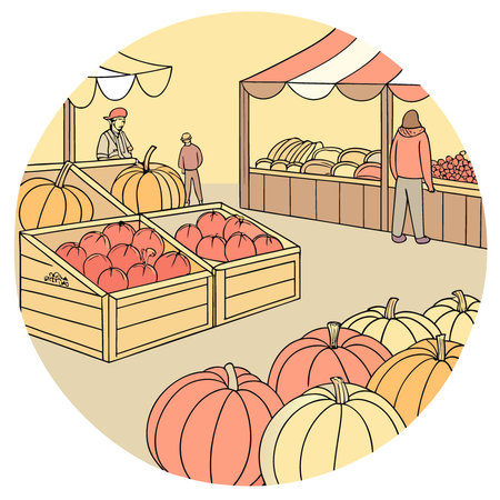A colorful display of pumpkins apples and gourds at an autumn farmers market background with empty. AI generated. Vector iconのイラスト素材