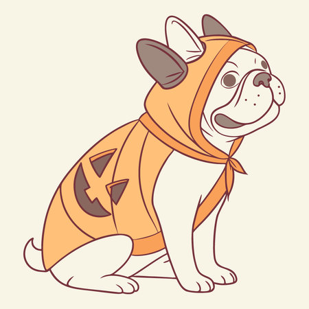 French bulldog dressed as a carved pumpkin Jack-O-Lantern Halloween costume sitting isolated on the. AI generated. Vector iconのイラスト素材