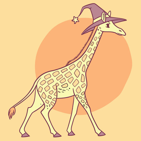 A whimsical giraffe wearing a witch's hat against a vibrant orange background. perfect for playful. AI generated. Vector iconのイラスト素材