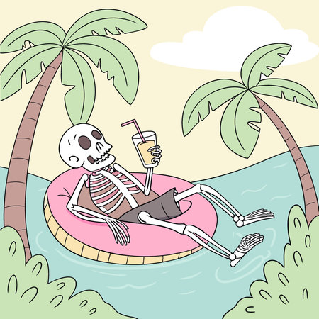 Skeleton relaxing in a swimming pool on a pink inflatable ring. holding a refreshing cocktail for a. AI generated. Vector iconのイラスト素材