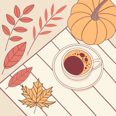 Steaming cup of hot coffee on a wooden table with seasonal decor pumpkins and autumn leaves. with. AI generated. Vector iconのイラスト素材