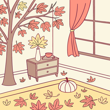 Autumn bedroom. living room interior. Red and yellow leaves and flowers in the vase and pumpkin on. AI generated. Vector iconのイラスト素材