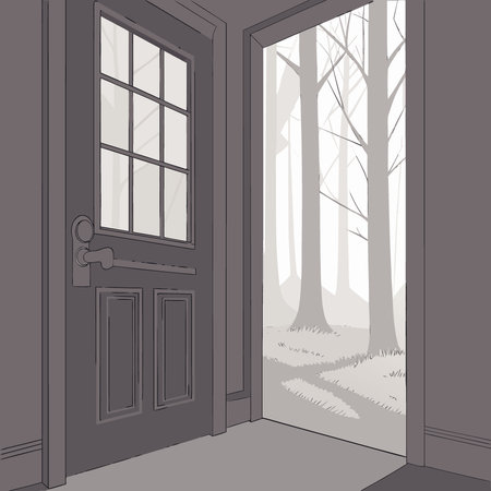 Doorway to the Unknown. A mysterious black door with a window revealing a foggy forest. perfect for. AI generated. Vector iconのイラスト素材