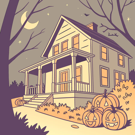 Country house decorated with Halloween harvest festival attributes. Pumpkins. autumn leaves night.. AI generated. Vector iconのイラスト素材
