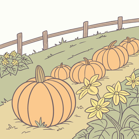 A lively pumpkin patch brimming with bright orange pumpkins and yellow flowers. This scene captures. AI generated. Vector iconのイラスト素材