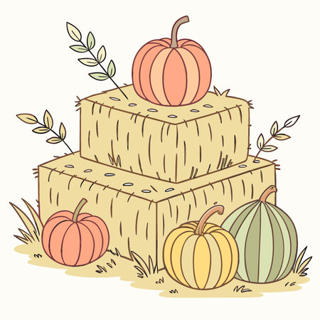 Colorful pumpkins of various sizes rest on stacks of hay bales. showcasing fall harvest beauty in a. AI generated. Vector iconのイラスト素材