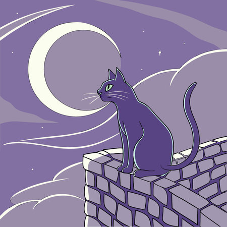 A black cat with piercing green eyes sits on a stone wall. gazing out at a crescent moon in a dark.. AI generated. Vector iconのイラスト素材