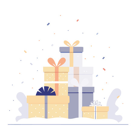 A festive of colorful Christmas presents piled high on a snowy surface. confetti and. AI generated. Vector iconのイラスト素材