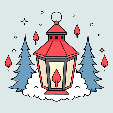 A lantern in the middle of a snowy forest red ornaments.. AI generated. Vector iconのイラスト素材