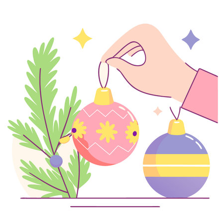 Detailed closeup photograph of a person's hand carefully hanging a red glass ornament on a. AI generated. Vector iconのイラスト素材