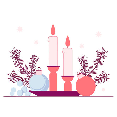 Festive candle arrangement pine and ornaments on white table. AI generated. Vector iconのイラスト素材