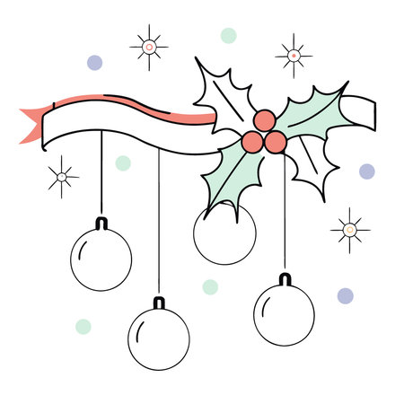 Festive red ribbon hanging christmas ornaments and holly berries isolated on white background. AI generated. Vector iconのイラスト素材