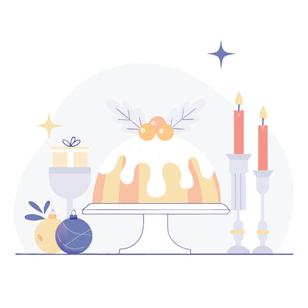 Festive Fruitcake Served on a Table Golden Decorations and Red Candles During the Holiday. AI...