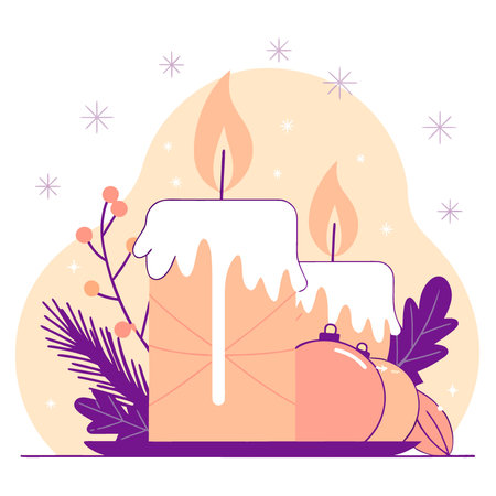 Festive White Candle Pine Needles and Falling Snowflakes. AI generated. Vector iconのイラスト素材