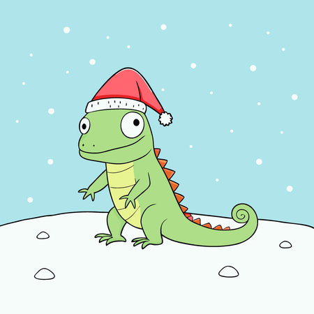 Iguana wearing Santa hat on snowy ground reptile winter holiday. AI generated. Vector iconのイラスト素材