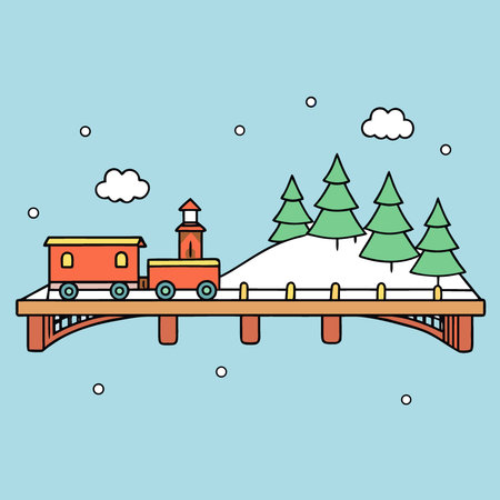 Miniature winter wonderland a steam train on a wooden bridge. AI generated. Vector iconのイラスト素材