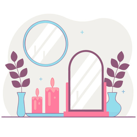 Layered hallway mirror vignette. warm candles leaf garlands and vintage frame reflection. AI generated. Vector iconのイラスト素材