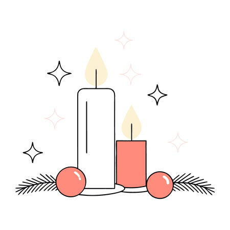 Romantic Advent Time Creamy Candles. Golden Spheres. and Emerald Sprigs for a Tranquil Christmas. AI generated. Vector iconのイラスト素材