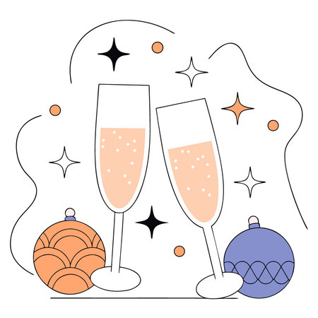 Two glasses of sparkling champagne sit on a black background red and gold christmas ornaments. AI generated. Vector iconのイラスト素材