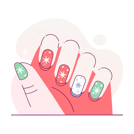 Sparkling festive winter manicure glittery red. white. and green nails. Adorned delicate. AI generated. Vector iconのイラスト素材