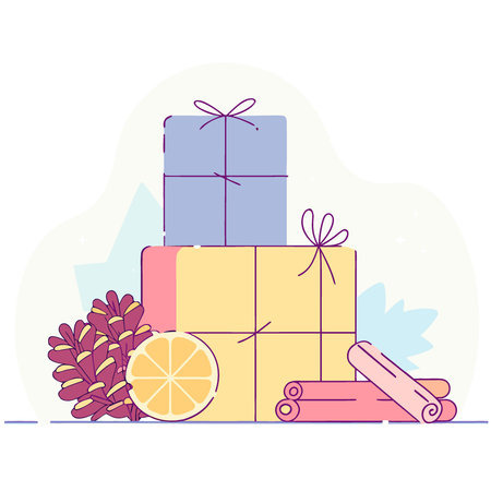 Stack of earthy kraft wrapped gifts tied twine. pine cones and cinnamon sticks. AI generated. Vector iconのイラスト素材