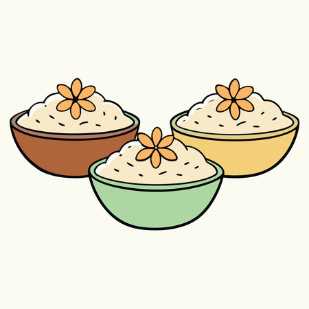 Three creamy rice pudding bowls topped ground cinnamon powder. Spice forms decorative flower. AI generated. Vector iconのイラスト素材