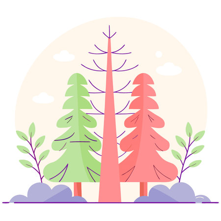 Stylized Simple Evergreen Tree Icon Linear Needles and Brown Trunk Isolated on White. AI generated. Vector iconのイラスト素材