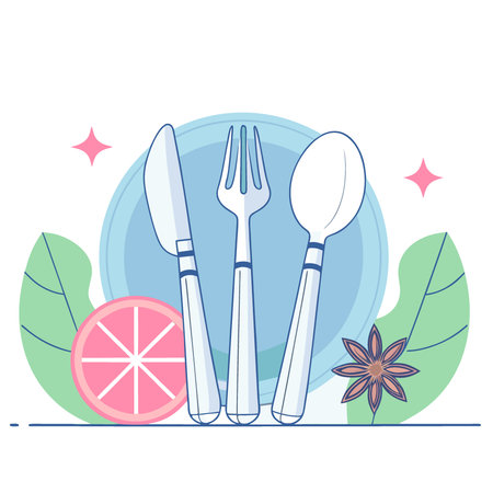 Top view of elegant silverware. dried orange slices. and star anise on a light wooden table.. AI generated. Vector iconのイラスト素材