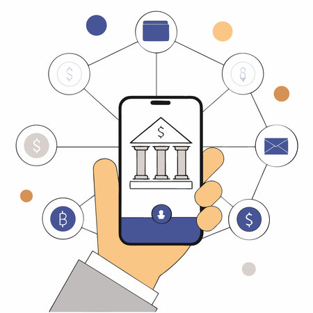 Businessman Holds Phone With Bank Icon Connected to Network Digital Design. AI generated. Vector iconのイラスト素材