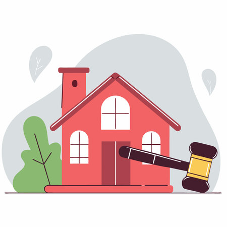 Wooden toy house beside gavel on green surface representing foreclosure auction. AI generated. Vector iconのイラスト素材