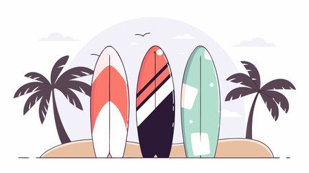 colorful surfboards standing in tropical beach sand with ocean in the background. AI generated. Vector iconのイラスト素材