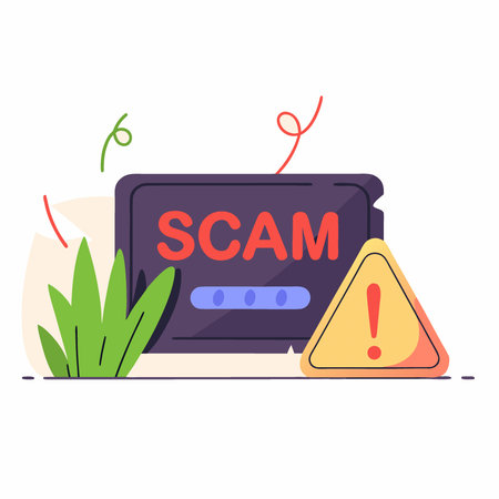 Red SCAM Text on Black Plaque with Yellow Warning Sign Against Dark Red Background. AI generated. Vector iconのイラスト素材