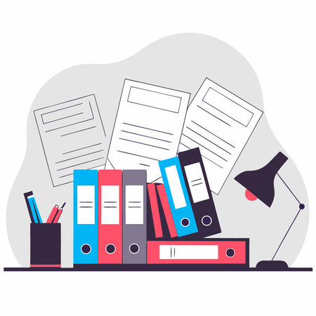 Pile of documents and file folders on a desk ready for review and organization. AI generated. Vector iconのイラスト素材
