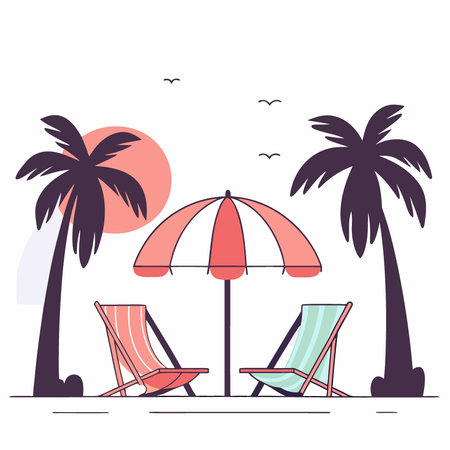 Beach chairs and umbrella on the white sand beach with palm trees sunset light. AI generated. Vector iconのイラスト素材