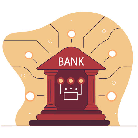 Futuristic digital financial system showcasing a neon bank on circuit board. AI generated. Vector iconのイラスト素材
