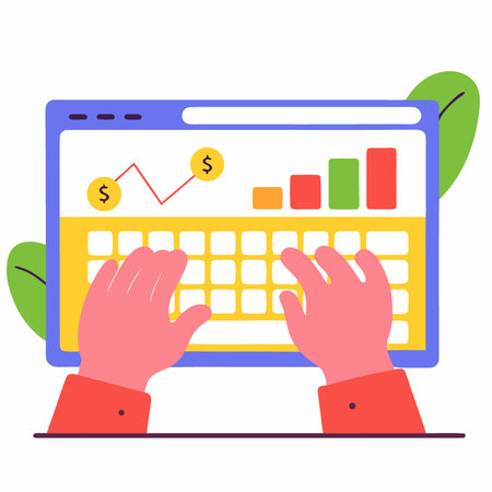 Close-up of hands typing on a glowing keyboard with financial data on screen. AI generated. Vector iconのイラスト素材