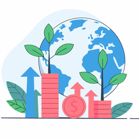Coins with growing plants and a globe symbolizing financial growth and sustainability. AI generated. Vector iconのイラスト素材