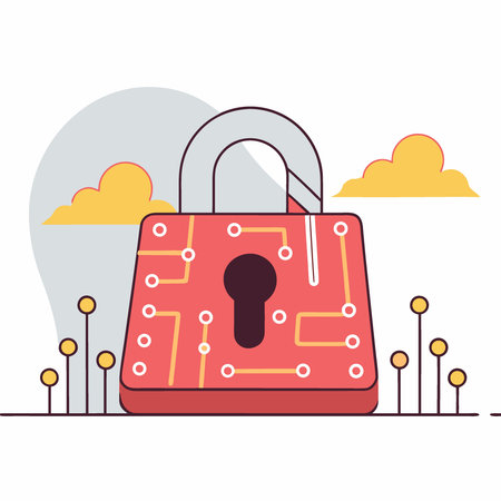 Gleaming metallic padlock rests upon a dark electronic circuit board with glowing accents. AI generated. Vector iconのイラスト素材