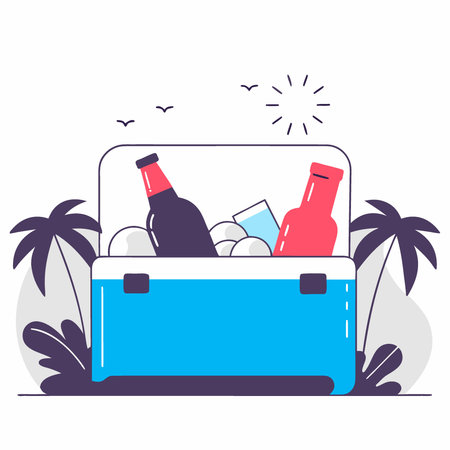 Bottles of juice chilled on ice in a camping fridge on a beach on a hot day with sunshine. AI generated. Vector iconのイラスト素材