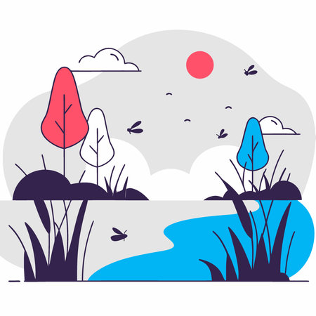 Golden sunlight bathes a grassy bank by a flowing stream with buzzing insects in the air. AI generated. Vector iconのイラスト素材