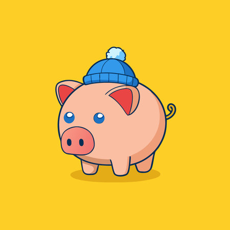 Piggy bank wearing a knit hat with a pom-pom on top against a vibrant yellow background. AI generated. Vector iconのイラスト素材