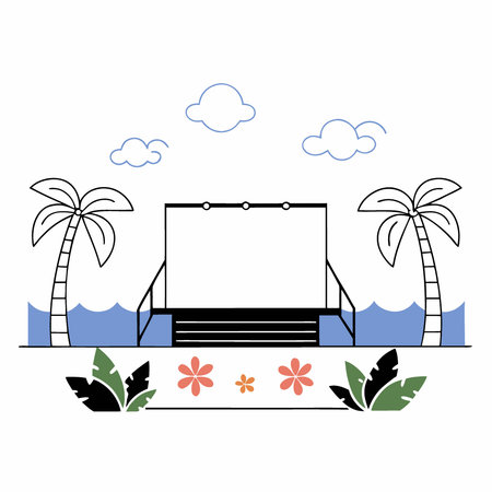 Wooden stage with tropical foliage and beach landscape ideal for marketing presentations. AI generated. Vector iconのイラスト素材